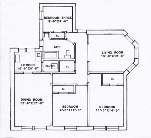 Floor plan for 3 beds, 1 bath, 1260 sqft
